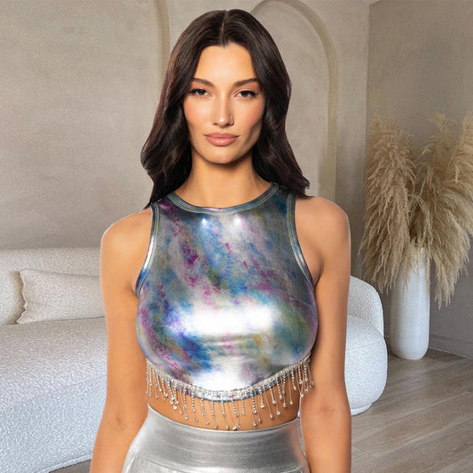 LADIES PU LEATHER VEST TOP      SILVER      (SIZE  S - L)