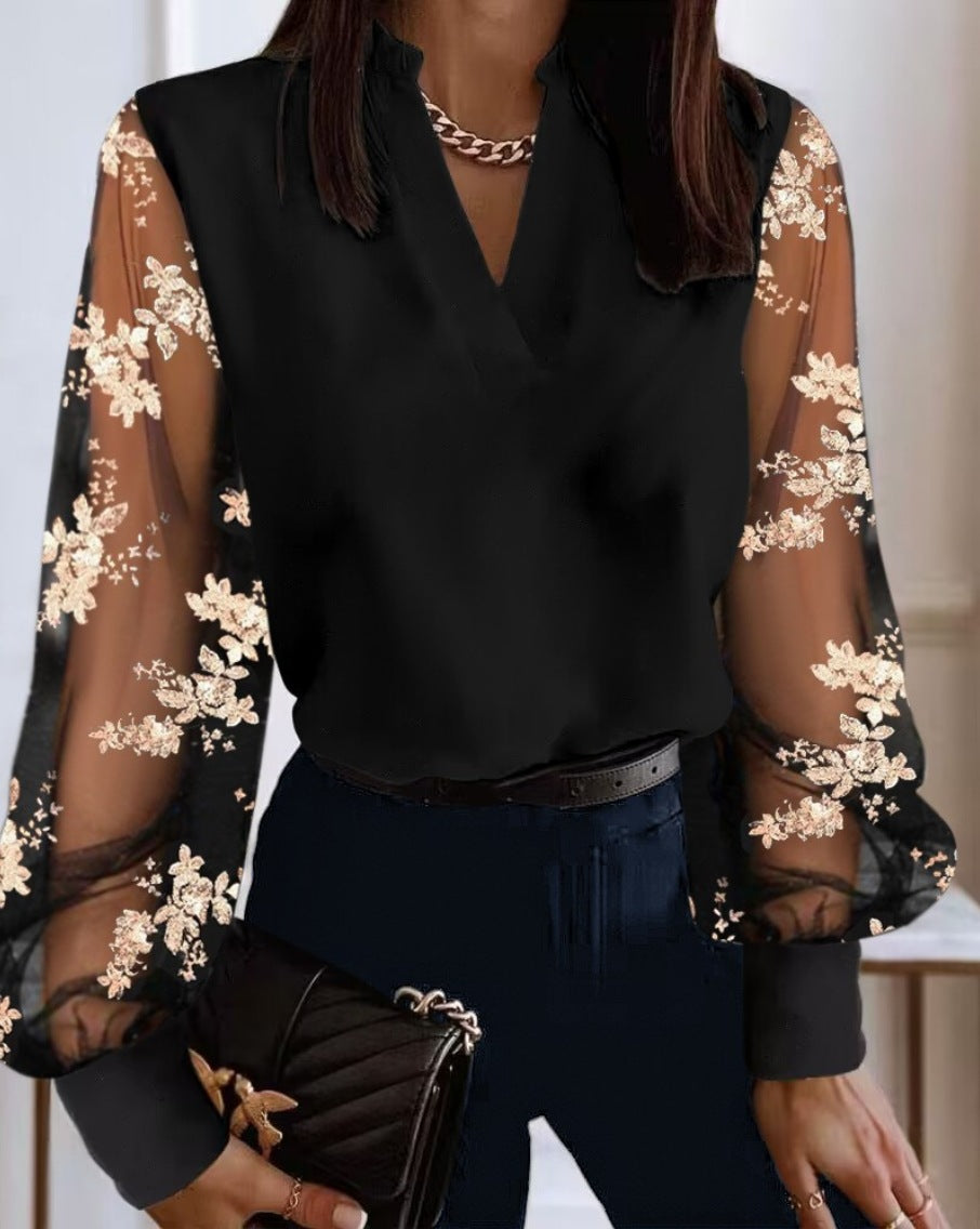 LADIES LONG SLEEVE SHIRT      BLACK / BLACK FLORAL / BLUE / WHITE       (SIZE  S-2XL)