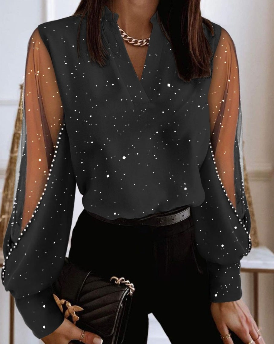 LADIES LONG SLEEVE SHIRT      BLACK / BLACK FLORAL / BLUE / WHITE       (SIZE  S-2XL)