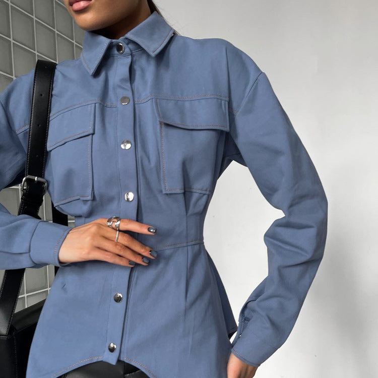 LADIES LONG SLEEVE DENIM SHIRT      BLUE      (SIZE  S-L)