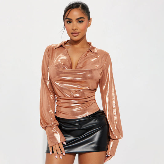 LADIES METALLIC LONG SLEEVE SHIRT       (SIZE  S-2XL)