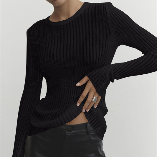 LADIES LONG SLEEVE KNITTED TOP      WHITE / BLACK / ORANGE / GRAY       (SIZE  S-L)