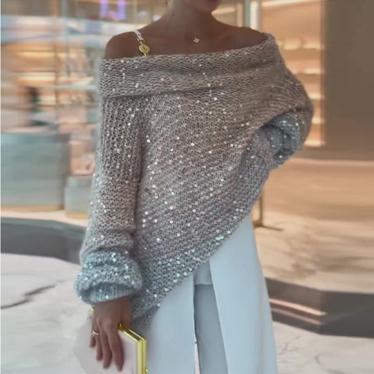LADIES OFF THE SHOULDER SWEATER       SILVER       (SIZE  XS-2XL)
