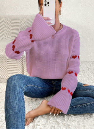 LADIES HEART PRINT SWEATER TOP       CAMEL / WHITE / PINK / PURPLE       (SIZE  S-2XL)