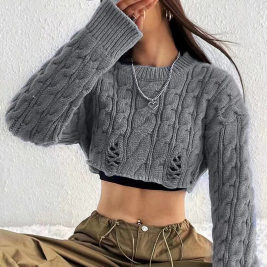 LADIES KNITTED CROPPED SWEATER TOP       GRAY / BLACK / APRICOT / BLUE / COFFEE       (FREE SIZE)