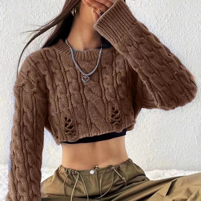 LADIES KNITTED CROPPED SWEATER TOP       GRAY / BLACK / APRICOT / BLUE / COFFEE       (FREE SIZE)