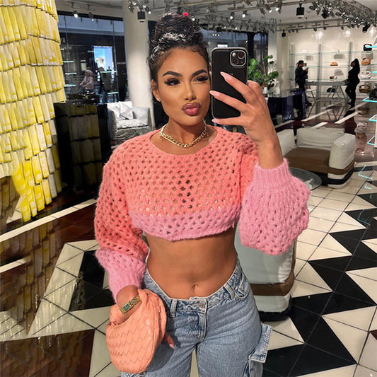 LADIES KNITWEAR CROPPED SWEATER TOP       PINK       (SIZE  S-L)