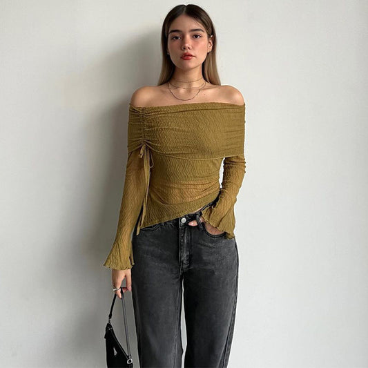 LADIES OFF THE SHOULDER KNITWEAR TOP      ARMY GREEN     (SIZE  S-L)