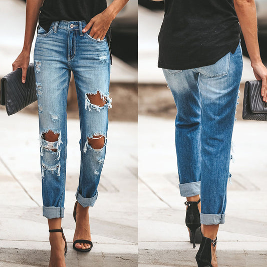 LADIES DISTRESSED DENIM PANTS       BLUE       (SIZE  S-2XL)