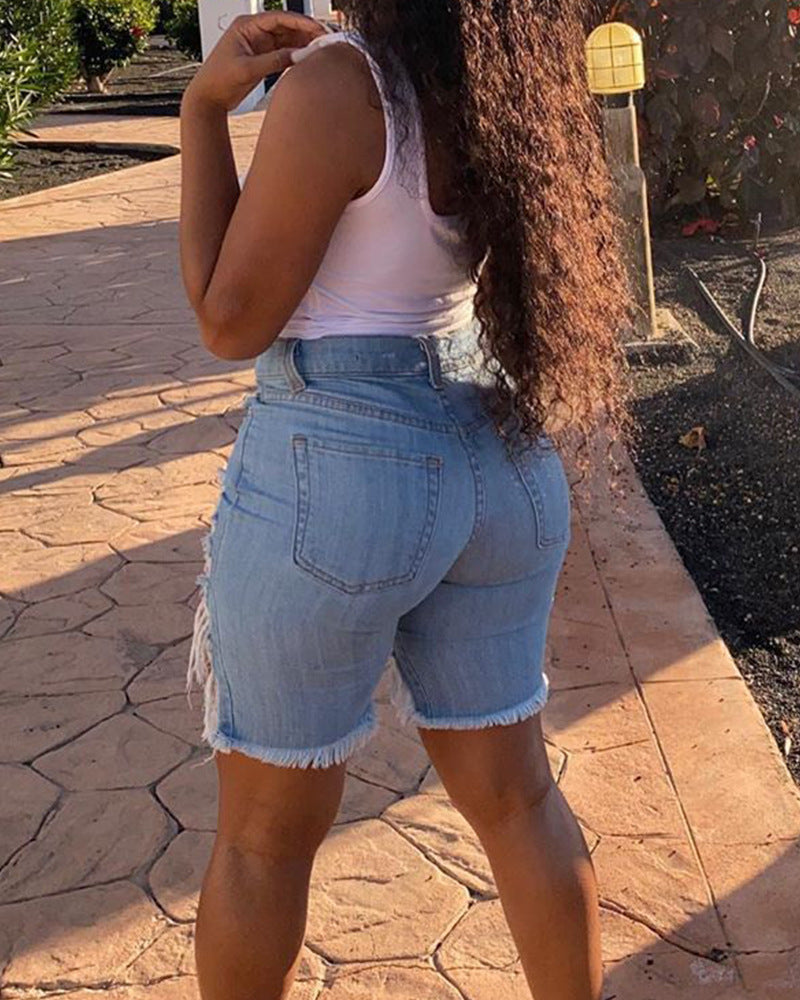 LADIES DISTRESSED DENIM SHORTS      LIGHT BLUE  / ORANGE / YELLOW      (SIZE  S-2XL)