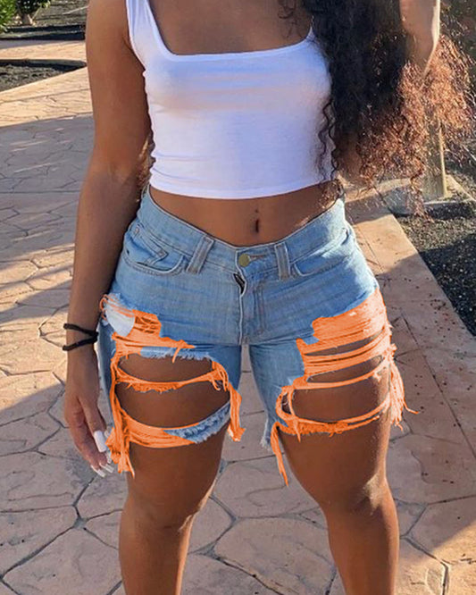 LADIES DISTRESSED DENIM SHORTS      LIGHT BLUE  / ORANGE / YELLOW      (SIZE  S-2XL)