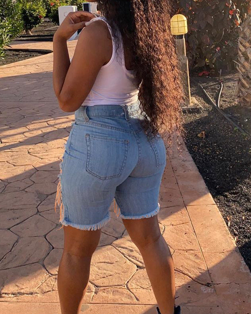 LADIES DISTRESSED DENIM SHORTS      LIGHT BLUE  / ORANGE / YELLOW      (SIZE  S-2XL)