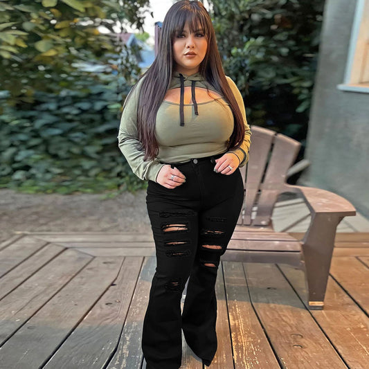 LADIES DISTRESSED DENIM PANTS       BLACK       (SIZE  XS-2XL)