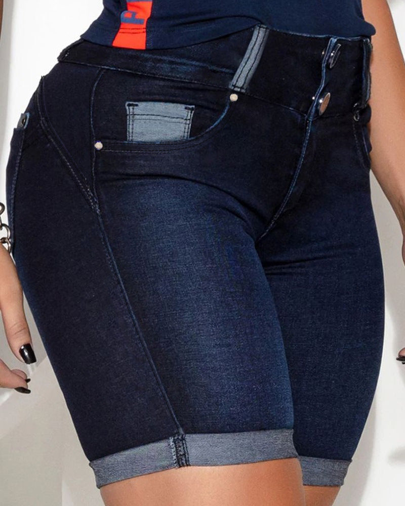 LADIES HIGH WAIST TIGHT FIT DENIM SHORTS       BLUE DENIM       (SIZE  S-XL)