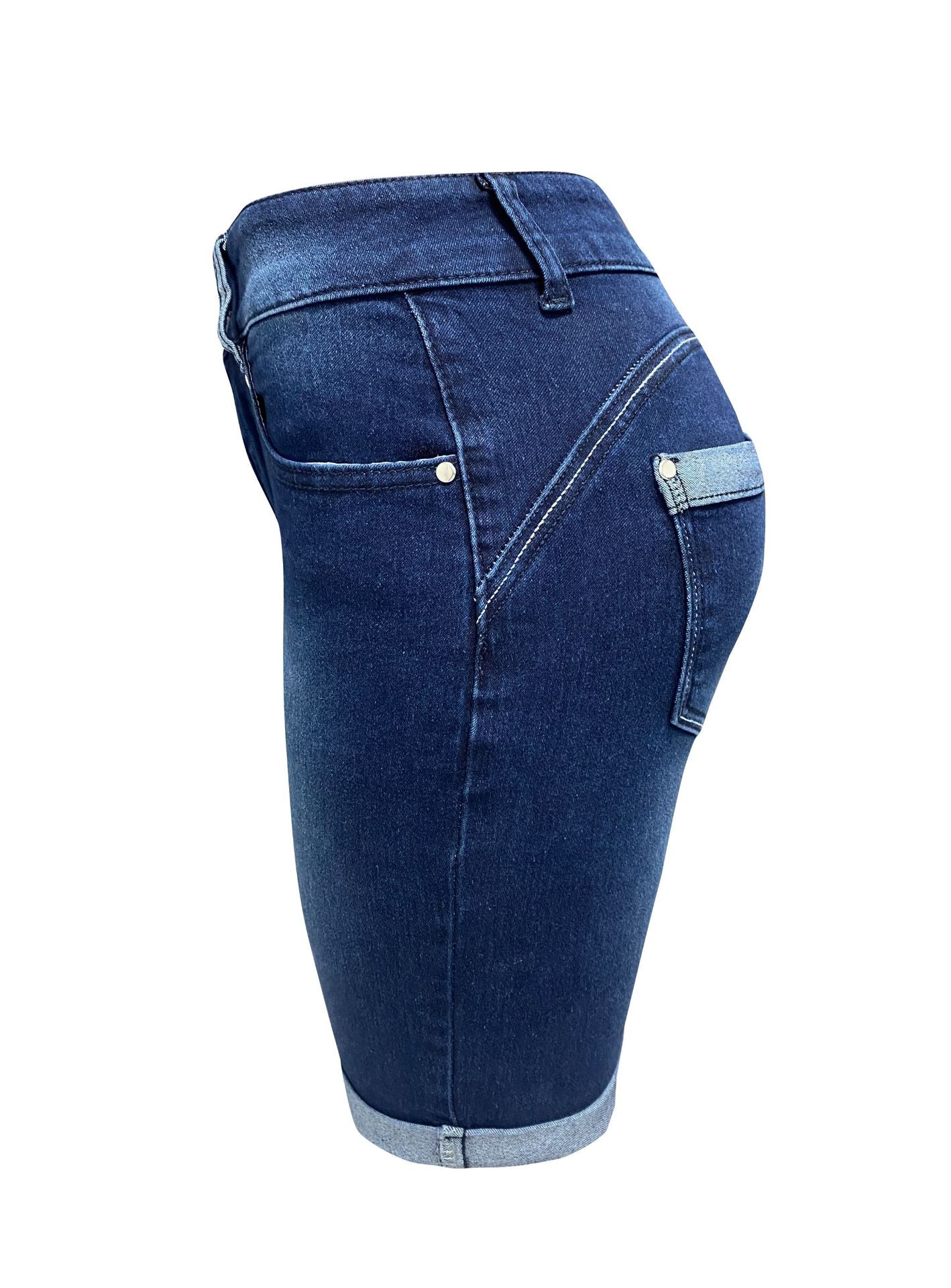 LADIES HIGH WAIST TIGHT FIT DENIM SHORTS       BLUE DENIM       (SIZE  S-XL)