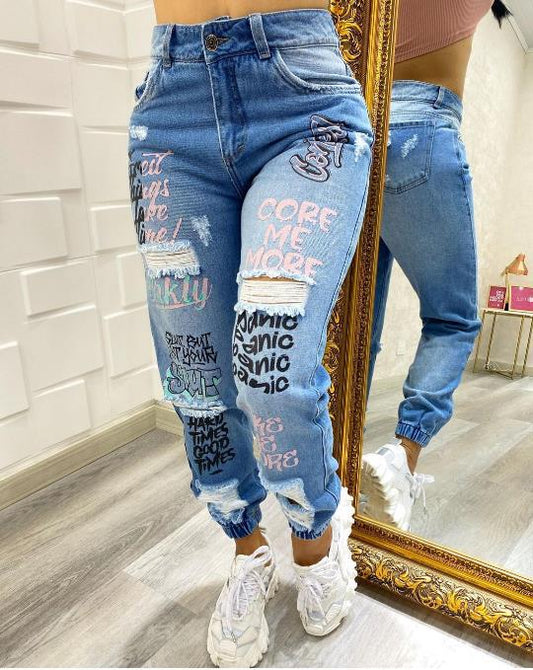 LADIES DISTRESSED DENIM PANTS       BLUE DENIM       (SIZE  S-2XL)