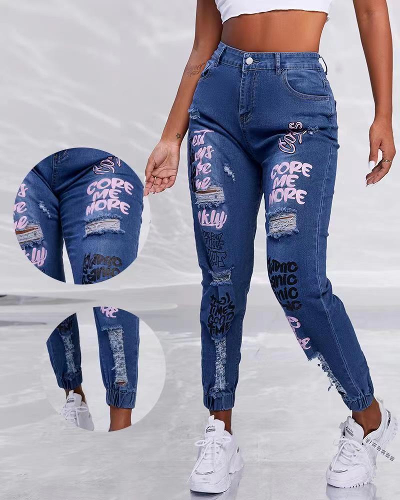 LADIES DISTRESSED DENIM PANTS       BLUE DENIM       (SIZE  S-2XL)