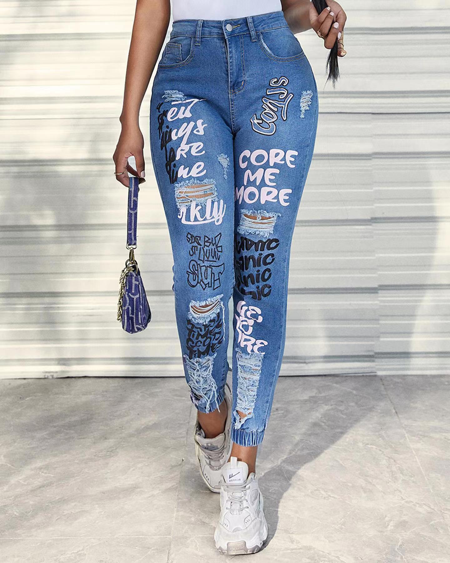 LADIES DISTRESSED DENIM PANTS       BLUE DENIM       (SIZE  S-2XL)