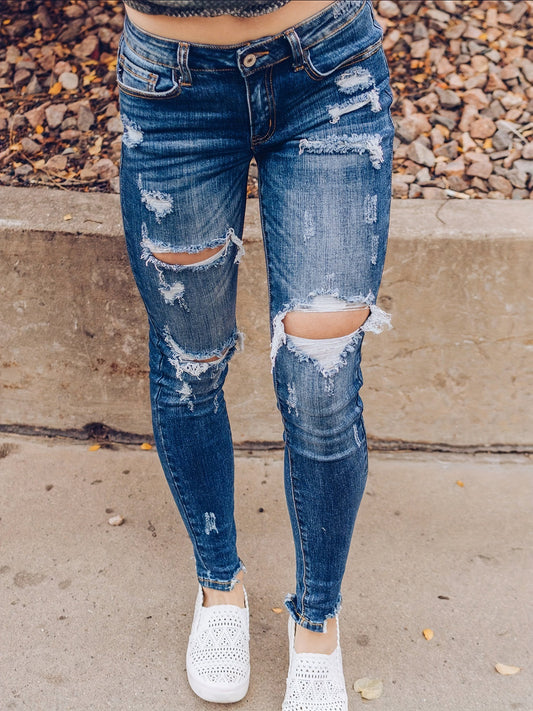 LADIES DISTRESSED DENIM PANTS       BLUE DENIM       (SIZE  S-XL)