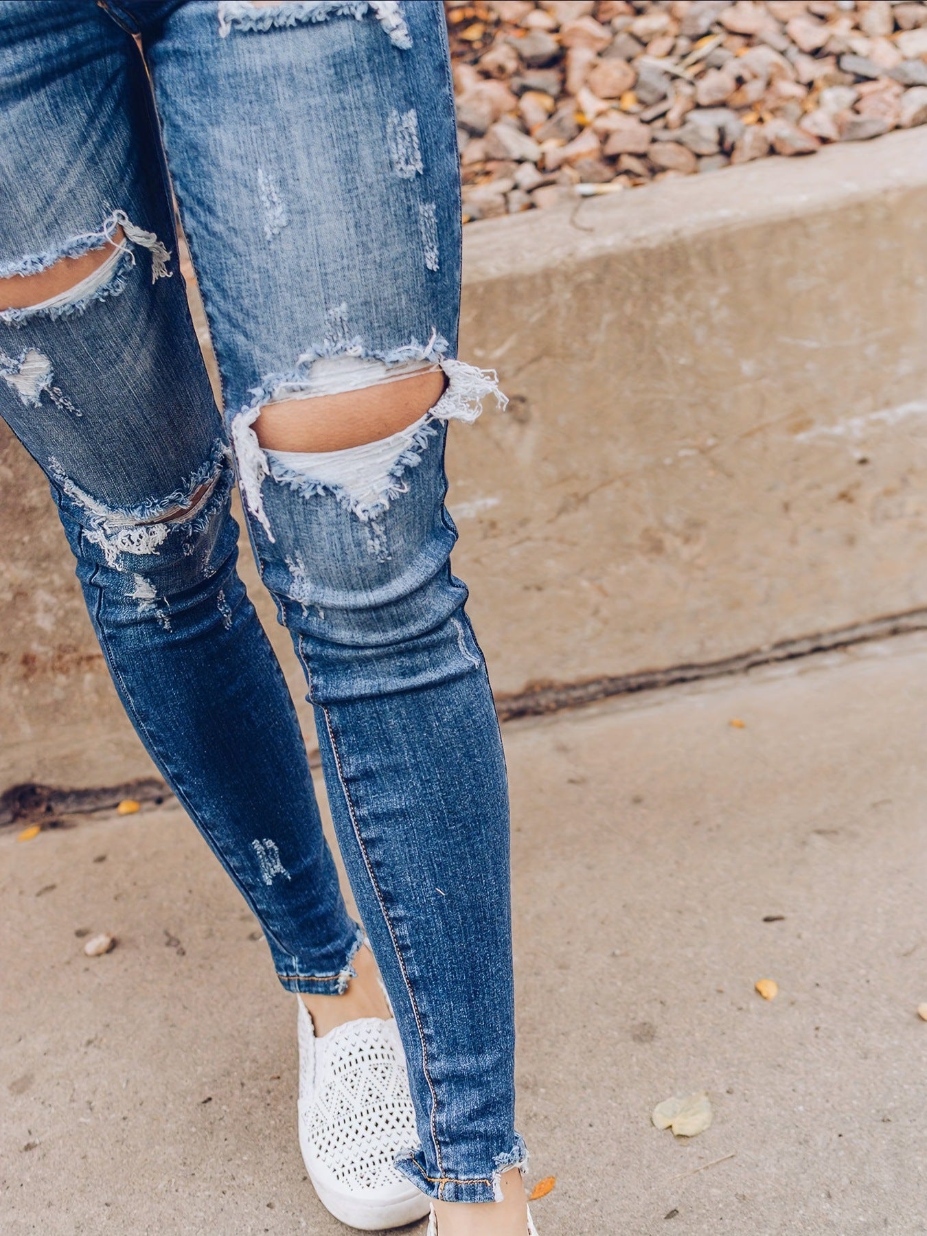 LADIES DISTRESSED DENIM PANTS       BLUE DENIM       (SIZE  S-XL)
