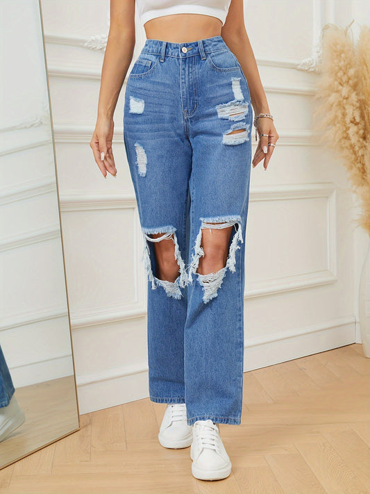 LADIES DISTRESSED DENIM PANTS        LIGHT BLUE DENIM       (SIZE  S-2XL)