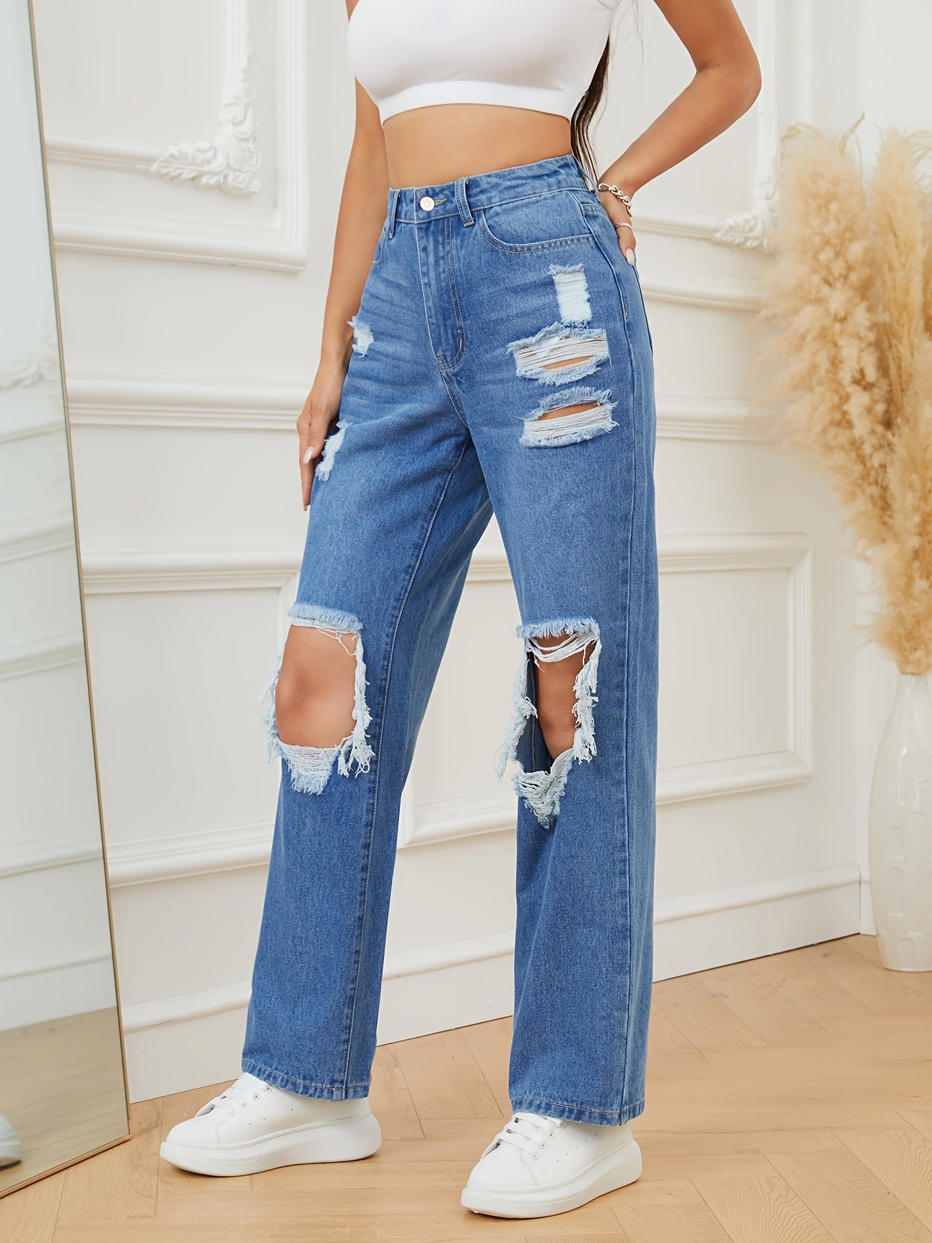 LADIES DISTRESSED DENIM PANTS        LIGHT BLUE DENIM       (SIZE  S-2XL)