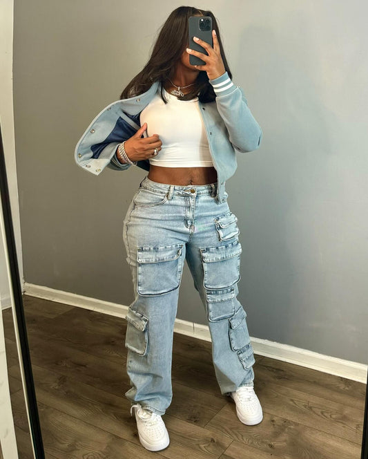 LADIES CARGO DENIM PANTS       LIGHT BLUE DENIM       (SIZE  S-2XL)