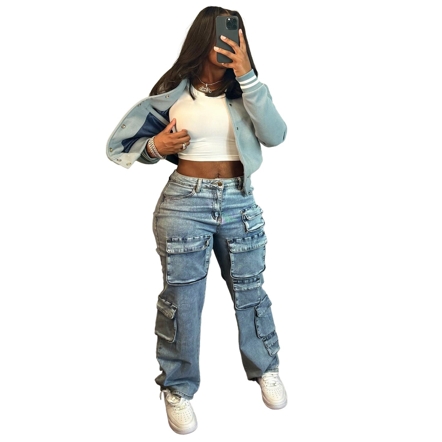 LADIES CARGO DENIM PANTS       LIGHT BLUE DENIM       (SIZE  S-2XL)