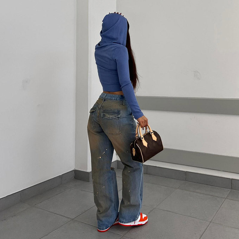 LADIES HIGH WAIST STRAIGHT DENIM PANTS       BLUE DENIM       (SIZE  S-L)