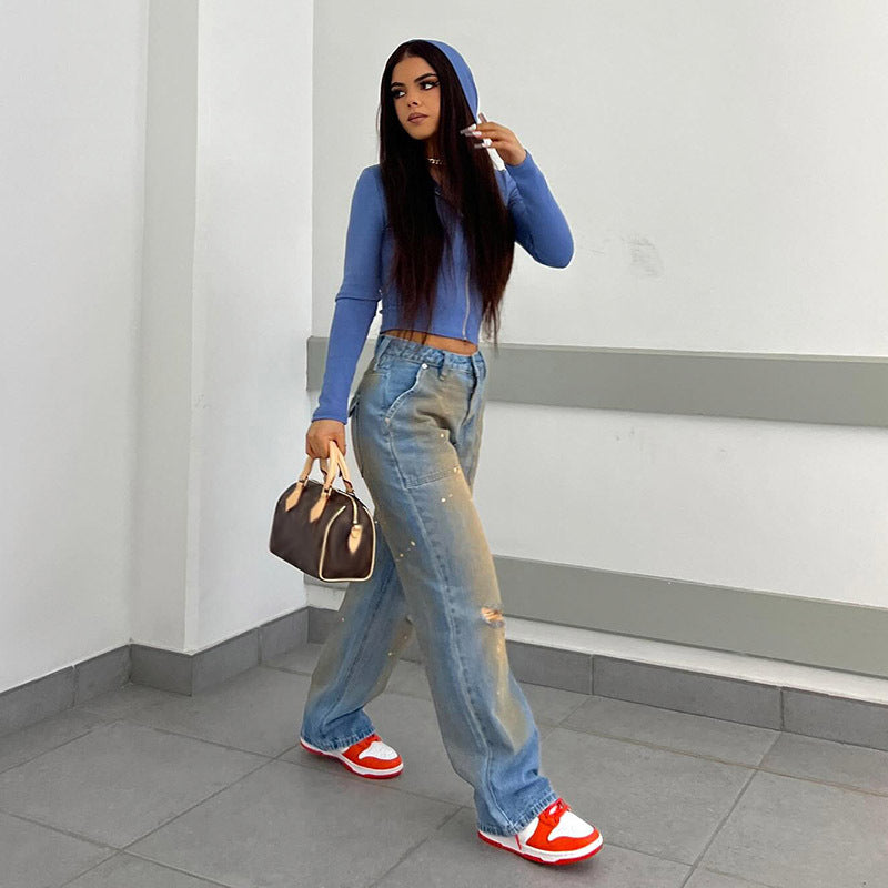 LADIES HIGH WAIST STRAIGHT DENIM PANTS       BLUE DENIM       (SIZE  S-L)