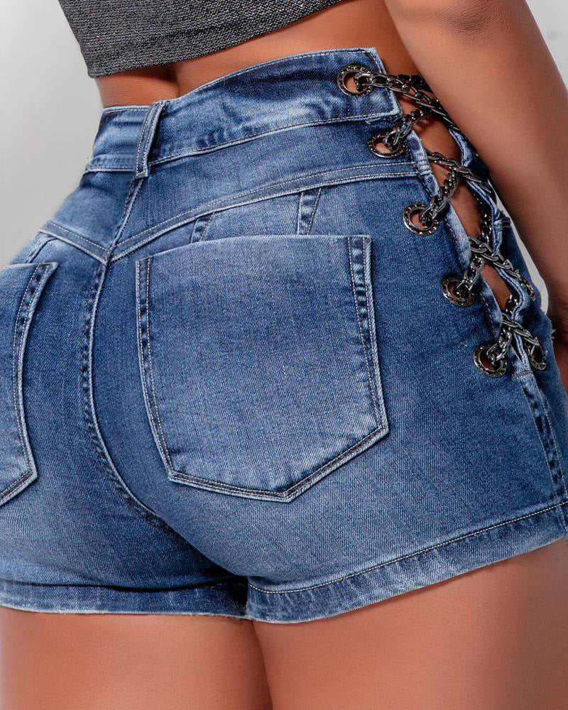LADIES LACE UP DENIM SHORTS       BLUE DENIM       (SIZE  S-XL)