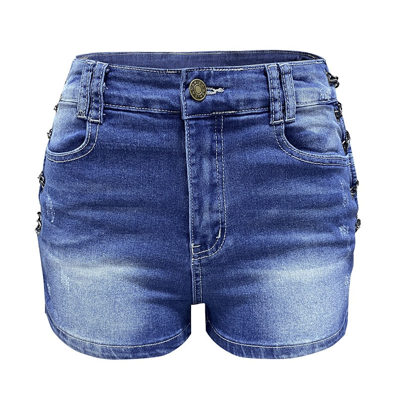 LADIES LACE UP DENIM SHORTS       BLUE DENIM       (SIZE  S-XL)