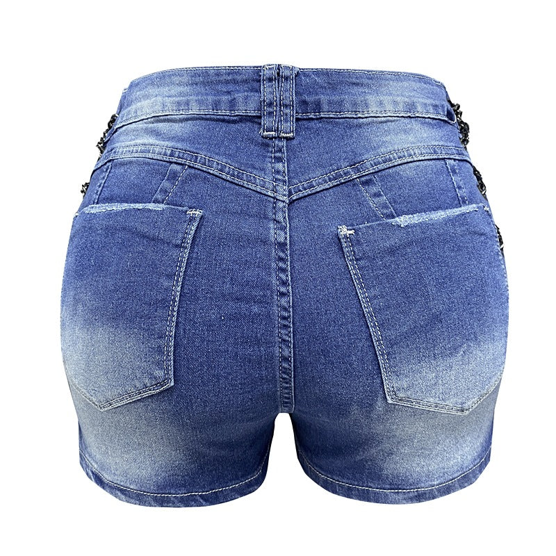 LADIES LACE UP DENIM SHORTS       BLUE DENIM       (SIZE  S-XL)