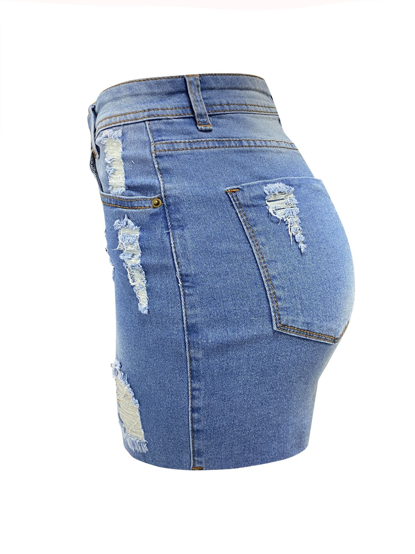 LADIES SLIM FIT DISTRESSED DENIM SHORTS       BLUE DENIM       (SIZE  S-XL)