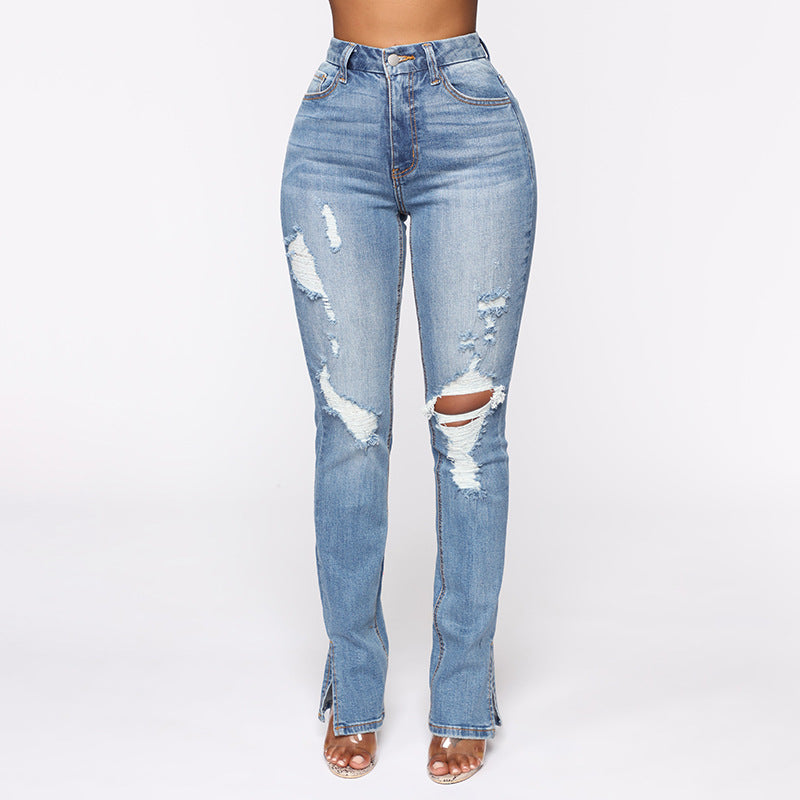 LADIES HIGH WAIST DISTRESSED DENIM JEANS       LIGHT BLUE DENIM       (SIZE  S-2XL)