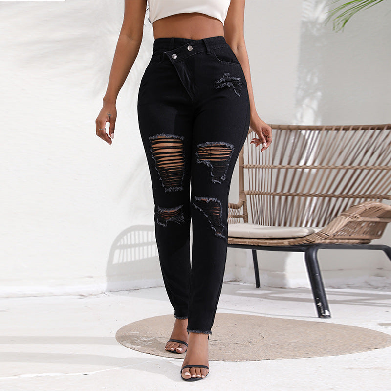 LADIES HIGH WAIST DISTRESSED DENIM JEANS        DARK BLUE / LIGHT BLUE / BLACK      (SIZE  XS-2XL)