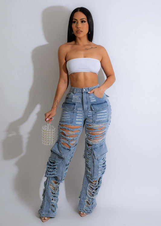 LADIES DISTRESSED JEANS       LIGHT BLUE DENIM       (SIZE  S - 2XL)
