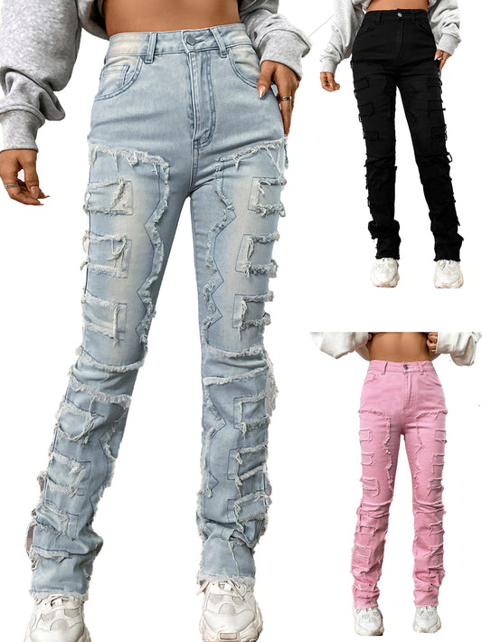 LADIES STRAIGHT DENIM JEANS        LIGHT BLUE DENIM / BLACK / PINK        (SIZE  S-XL)