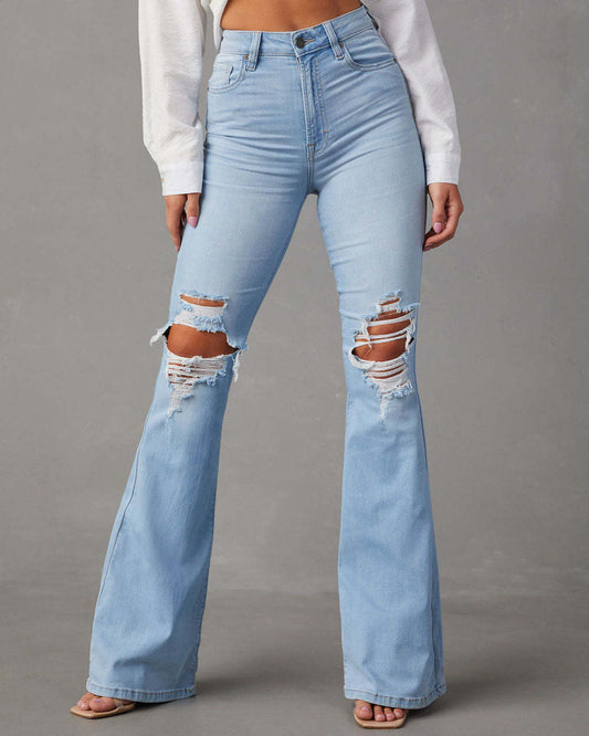 LADIES HIGH WAIST DISTRESSED JEANS        LIGHT BLUE        (SIZE  S-2XL)