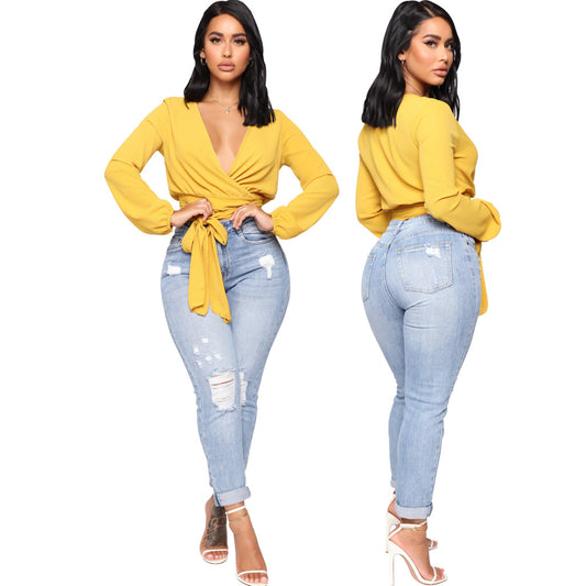 LADIES HIGH WAIST DISTRESSED DENIM JEANS        LIGHT BLUE      (SIZE  S - 2XL)
