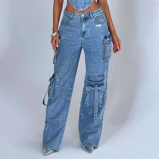 LADIES DENIM CARGO JEANS        BLUE / BLACK        (SIZE  S-L)