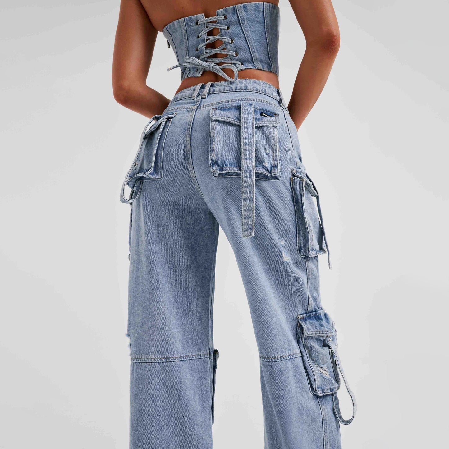 LADIES DENIM CARGO JEANS        BLUE / BLACK        (SIZE  S-L)