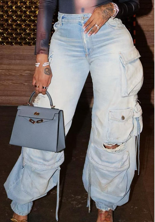 LADIES DENIM CARGO JEANS        LIGHT BLUE / PINK / GRAY        (SIZE  S-2XL)