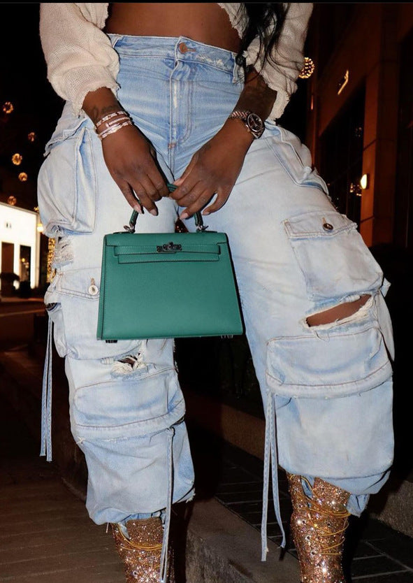 LADIES DENIM CARGO JEANS        LIGHT BLUE / PINK / GRAY        (SIZE  S-2XL)