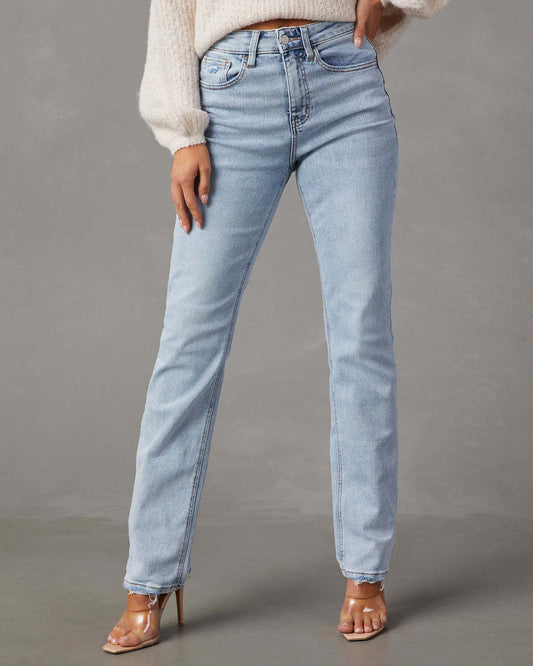 LADIES HIGH WAIST STRAIGHT DENIM JEANS        LIGHT BLUE DENIM        (SIZE S-2XL)
