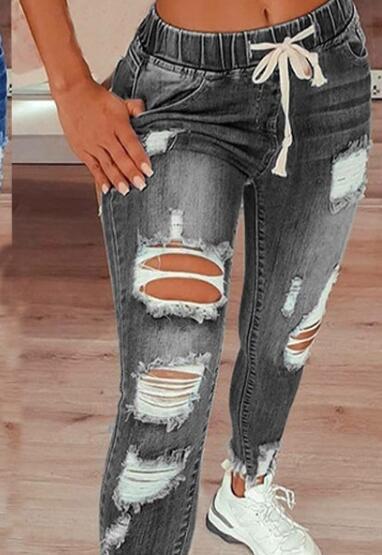 LADIES HIGH WAIST DRAWSTRING JEANS       GRAY / BLACK / DARK BLUE / LIGHT BLUE        (SIZE:  S-4XL)
