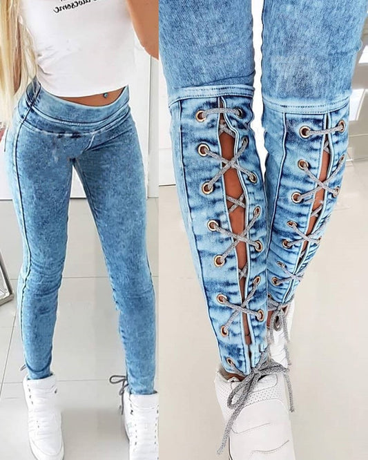 LADIES HIGH WAIST LACE UP DENIM JEANS        BLUE        (SIZE  S-XL)