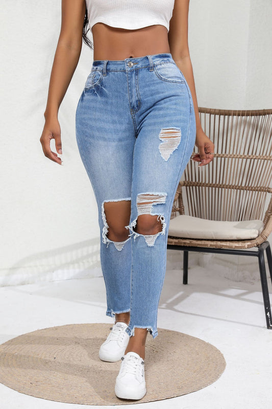 LADIES HIGH WAIST DISTRESSED JEANS        BLUE        (SIZE  S-2XL