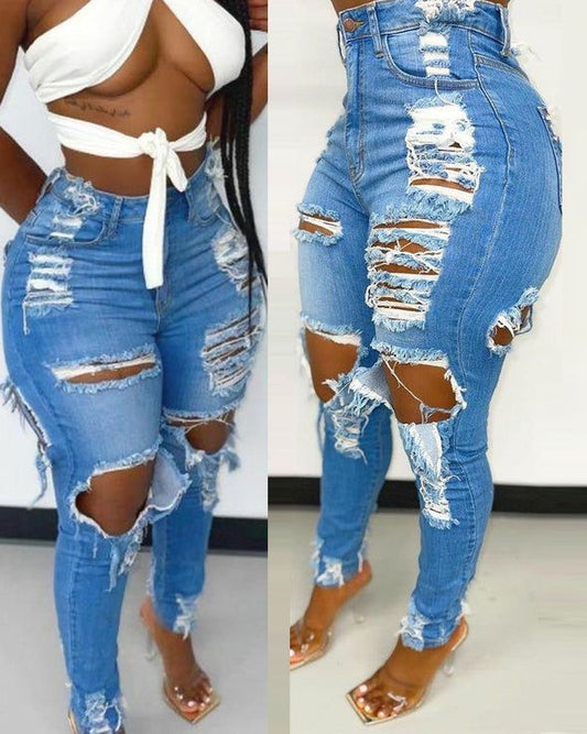 LADIES HIGH WAIST DISTRESSED JEANS       BLUE        (SIZE  S-2XL)