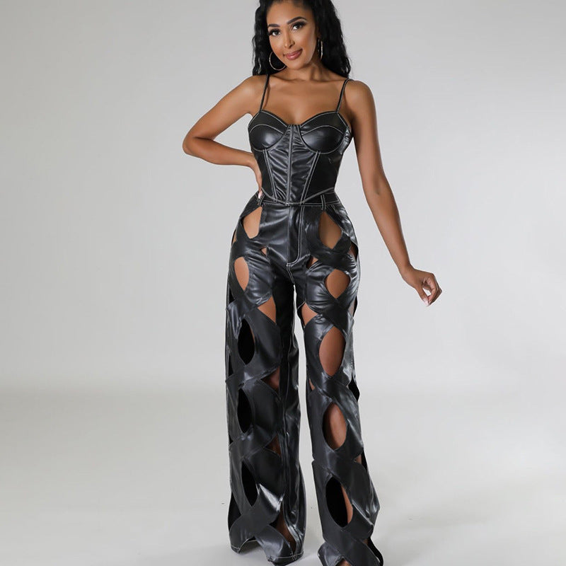 LADIES CUT OUT PU LEATHER PANTS       BLACK       (SIZE  S-L)